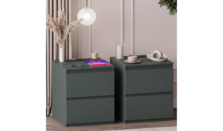 Vida Designs Denver 2 Drawer Bedside With Power Outlet (L) Set of 2 - Green