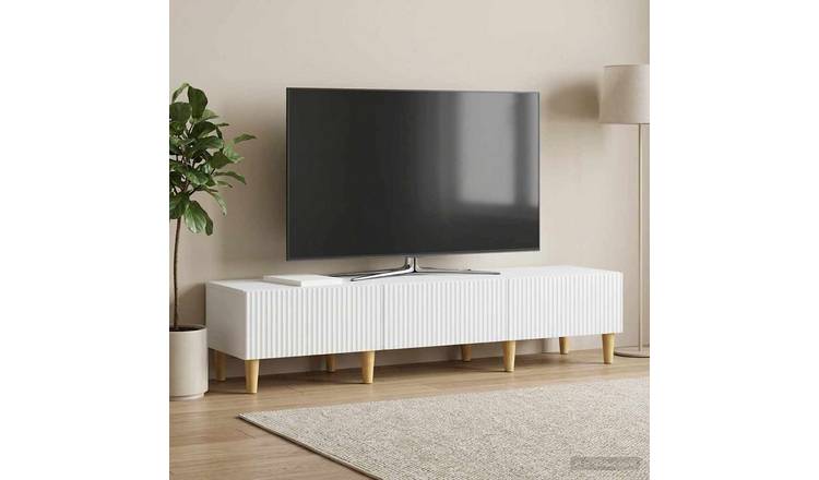 Walplus Wood TV Cabinet with Drawers Tall Unit - White - 147 x 34.5 x 30 cm