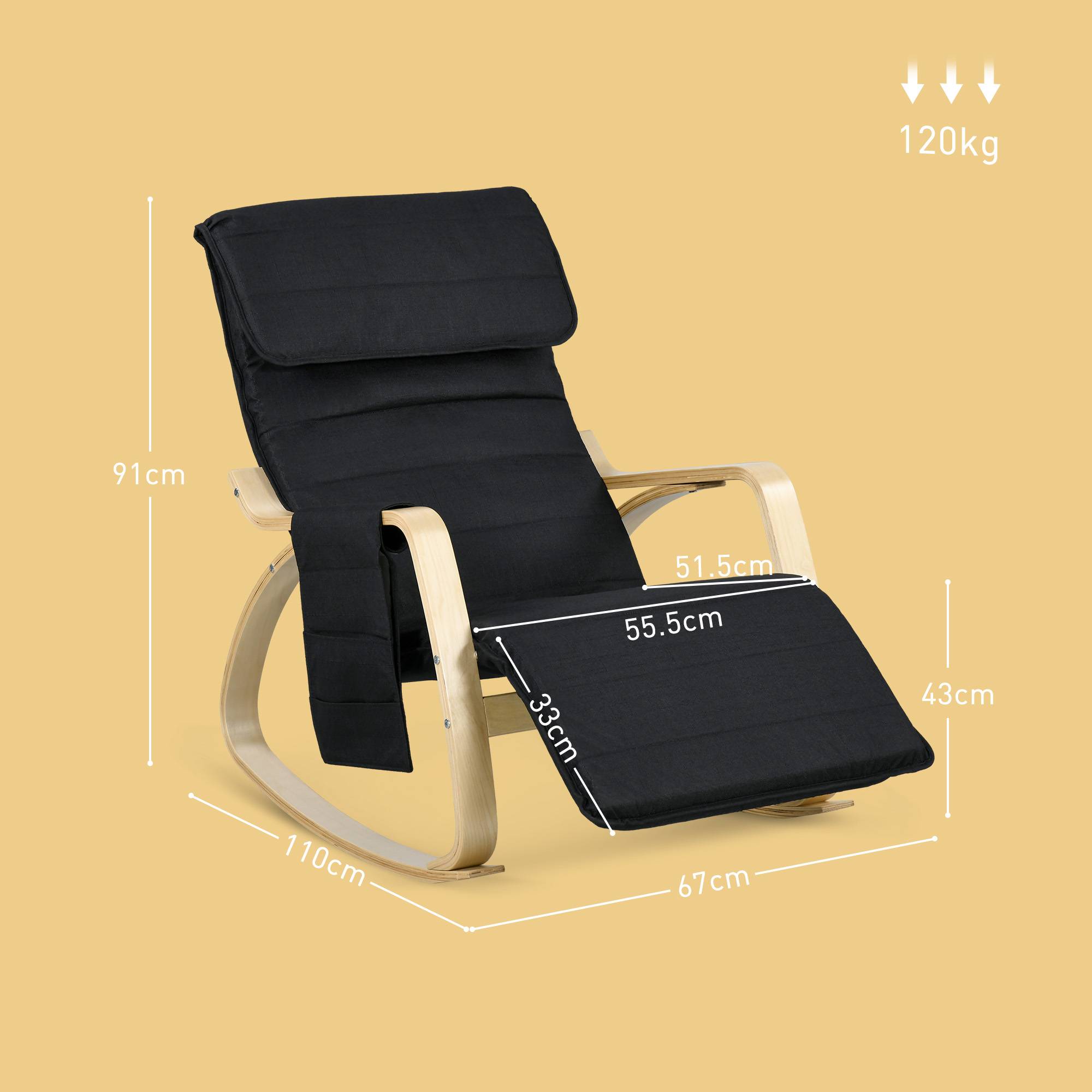 HOMCOM Rocking Recliner Chair with Adjustable Footrest and Side Pocket - Black - Image 7