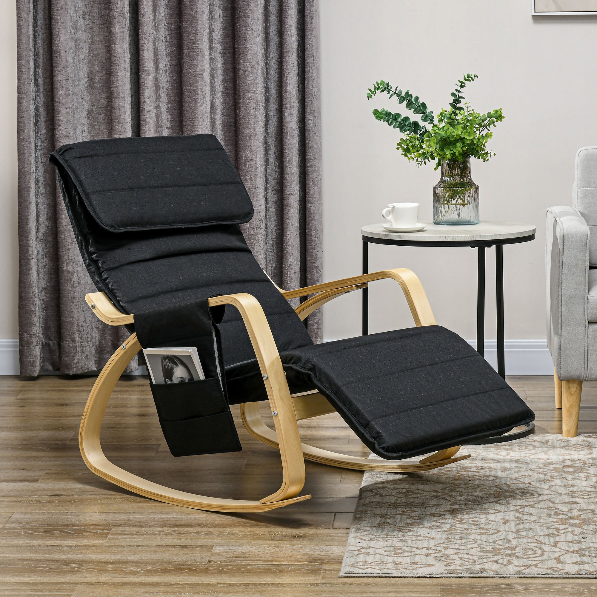 HOMCOM Rocking Recliner Chair with Adjustable Footrest and Side Pocket - Black - Image 3