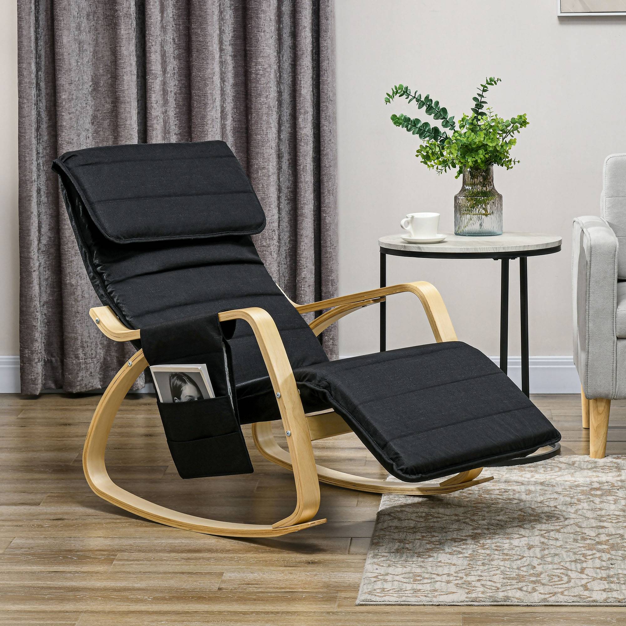 HOMCOM Rocking Recliner Chair with Adjustable Footrest and Side Pocket - Black - Image 3