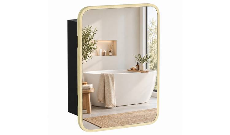 HOMCOM SPC Waterproof Adjustable Shelf Bathroom Mirror Cabinet – Natural Wood