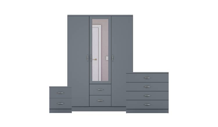 Vida Designs Riano Bedroom Set (Bedside, 4 Drawer Chest, Mirror Wardrobe) - Grey