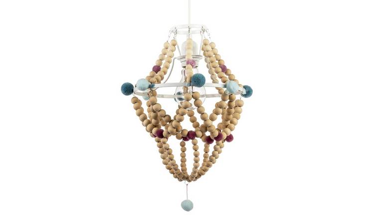 Happy Homewares Brown Wooden Beaded with Coloured Pom Poms Pendant Shade - 25cm