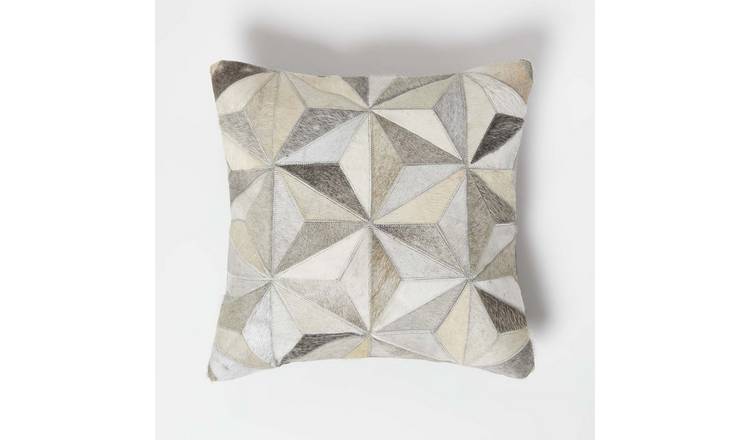 Homescapes Grey Geometric Star Leather Cushion - 45 x 45 cm