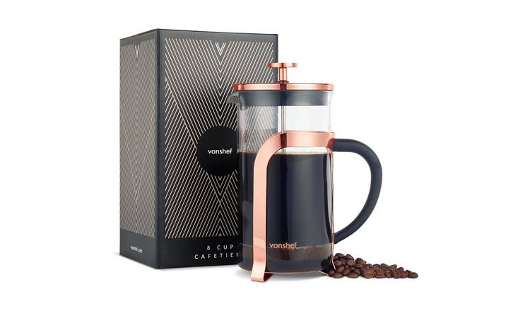 VonShef 8 Cup/1L Copper Stainless Steel French Press Cafetiere - Rose Gold