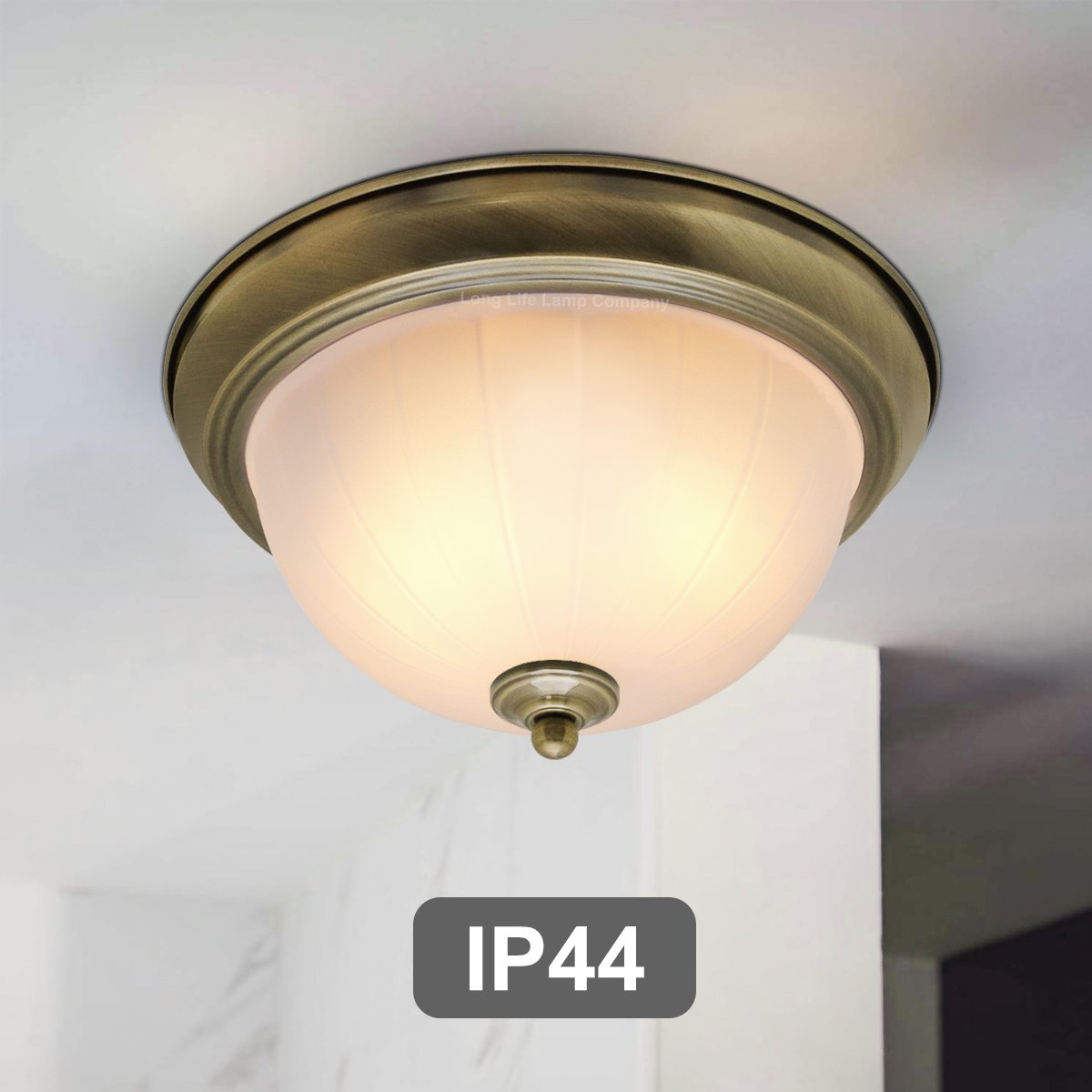 Energy Light Bulbs Frosted Glass Flush Ceiling Light IP44 - Antique Brass - Image 4