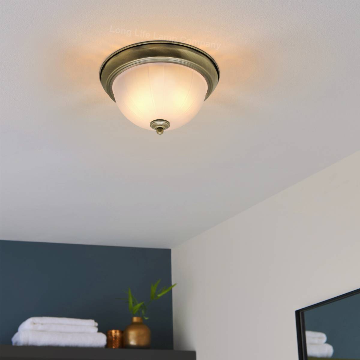 Energy Light Bulbs Frosted Glass Flush Ceiling Light IP44 - Antique Brass - Image 5