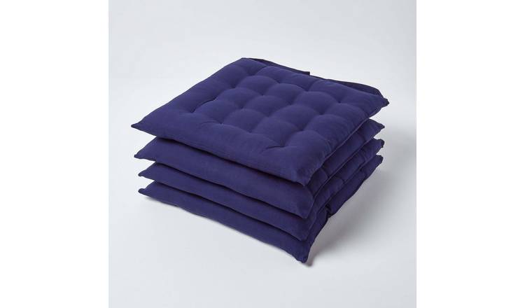 Homescapes Pack of 4 Cotton Seat Pad Chair Cushions - Navy Blue