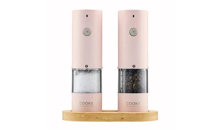 Cooks Professional Rechargeable Salt and Pepper Mill Set with Bamboo Base - Pink