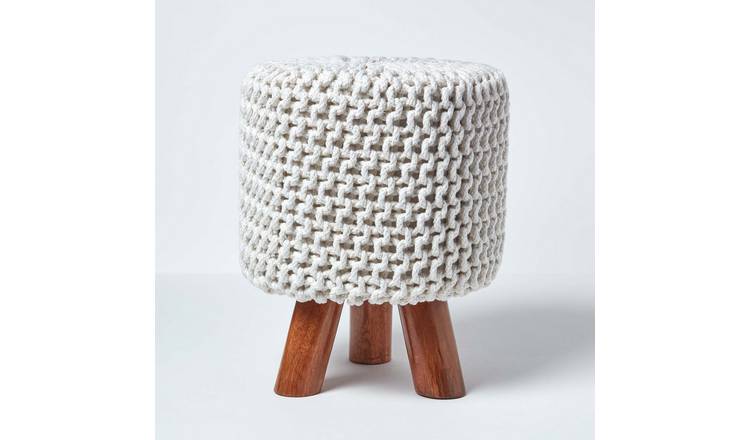 Homescapes Tall Cotton Knitted Footstool with Legs – Natural