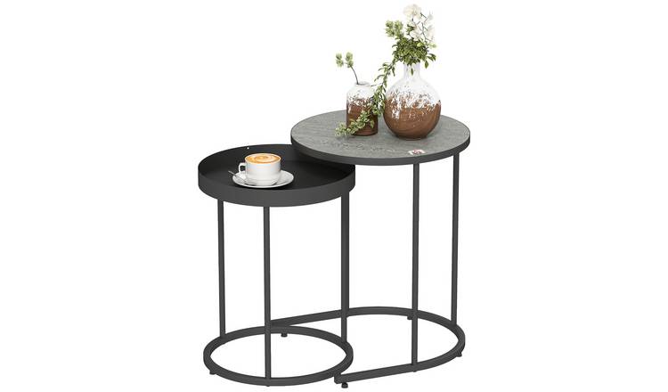 HOMCOM Set of 2 Nesting Side Table with Tray Tabletop and Metal Frame - Grey