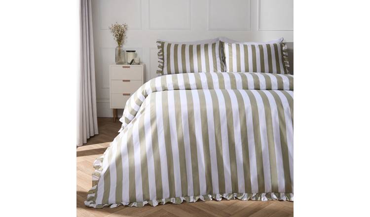 OHS Frill Duvet Cover Bedding Set Stripe Sage - King