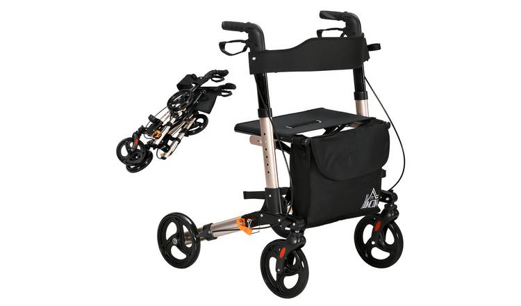 HOMCOM Adjustable Height Rollator Walker with Seat and Wheels - Gold Tone