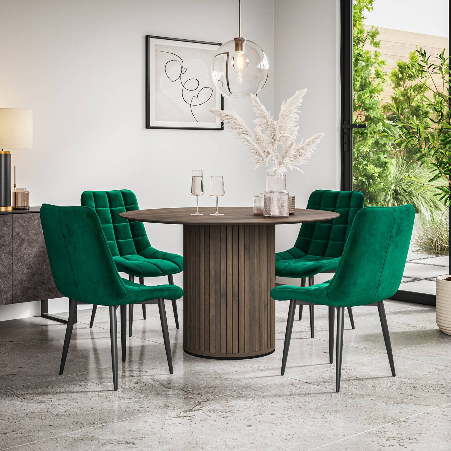 Furniture Online Arlo Nova Walnut Top w Wal Legs Dining Table & 4 Green Chairs - Image 1