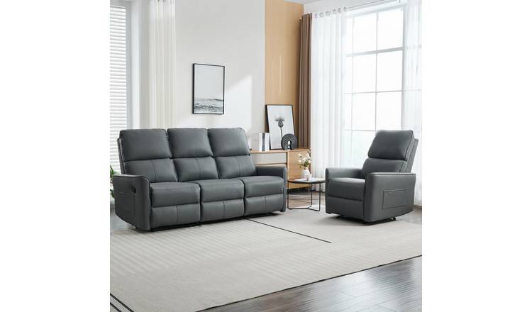 Furniture Online Madrid Manual Recliner Leather 1+3 Seater Sofa Set - Grey