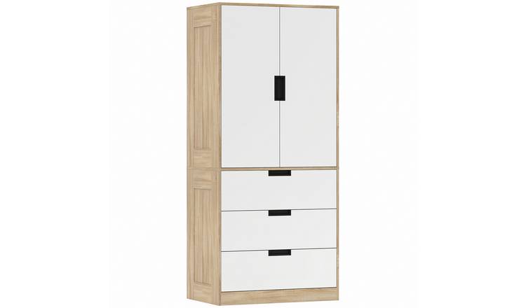 HOMCOM 2 Door Wardrobe with 3 Drawers and Hanging Rail - Oak