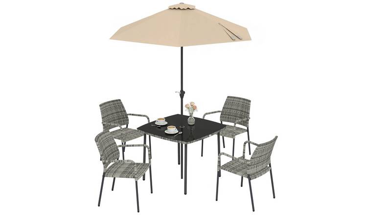 Outsunny 4 Seater Rattan Dining Set with Parasol - Light Grey