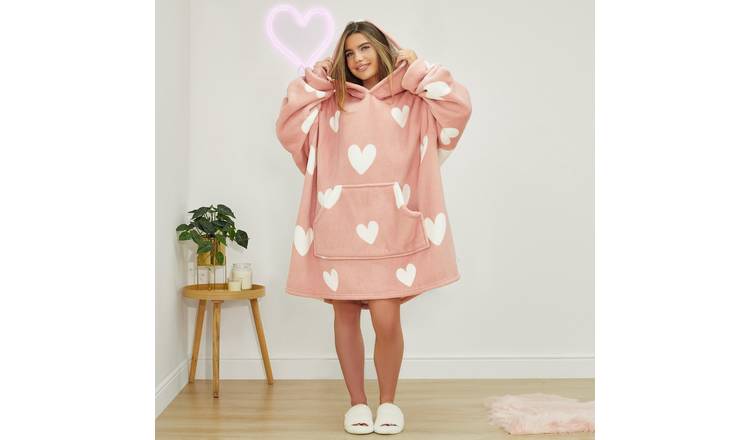 OHS Heart Print Hoodie Blanket - One Size - Blush
