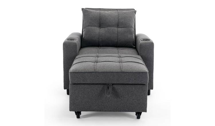 Furniture Online Hudson 1-Seater Sofa Bed Linen Fabric with Cup Holders - Grey