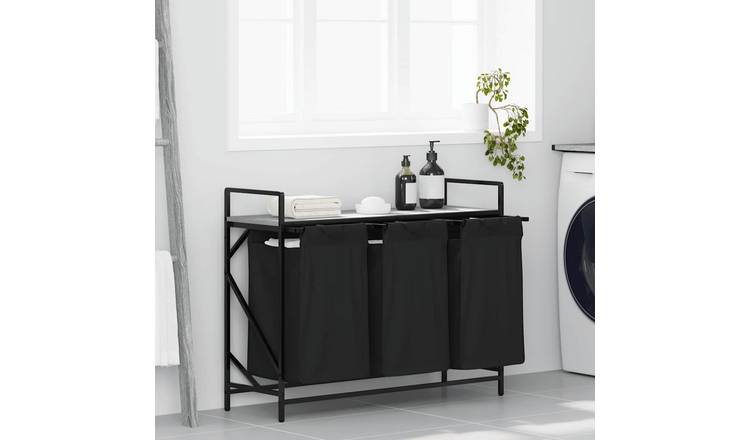 Walplus Laundry Basket 3 Compartments with Shelf - Black - 99 x 33 x 77 cm