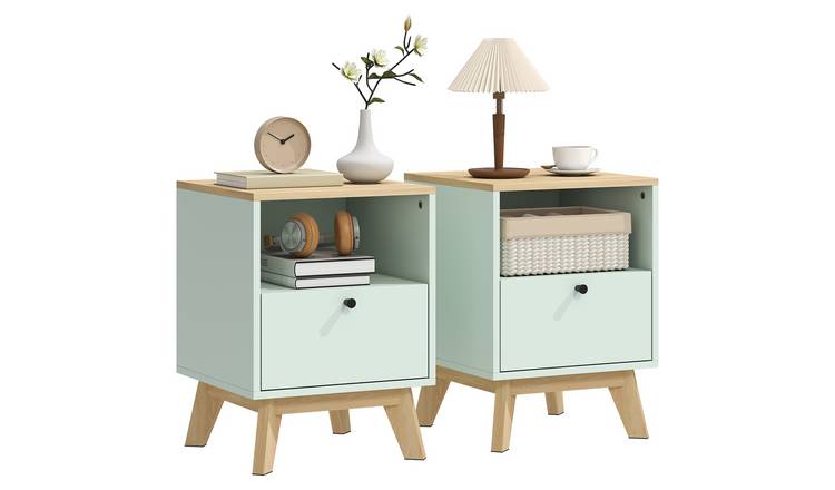 HOMCOM Set of 2 Modern Nightstand with Drawer and Open Shelf - Light Green