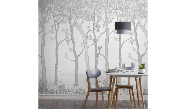 Grandeco Trees 3 Lane Repeatable Textured Wallpaper Mural  - White