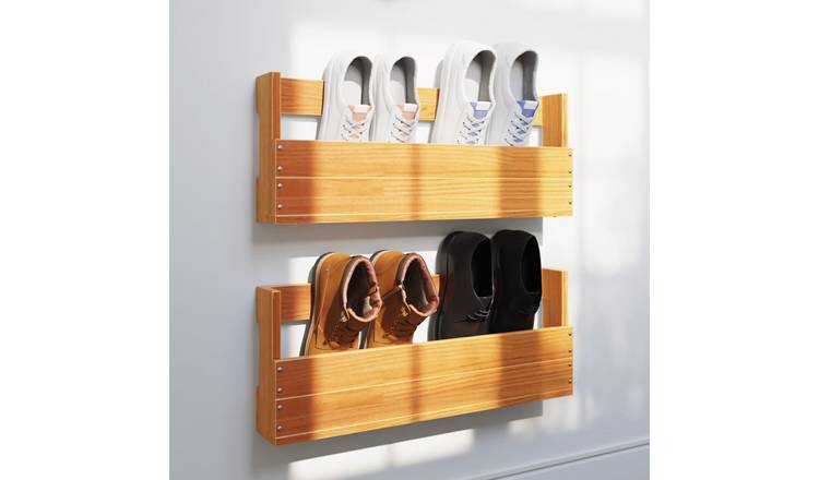 Walplus Pack of 2 Solid Wood Shoe Rack - Wax Brown - 59 x 8.5 x 23.5 cm
