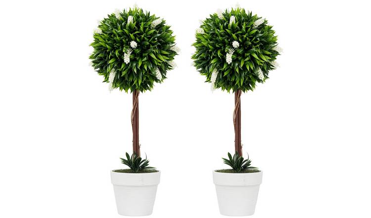 HOMCOM Set of 2 Artificial Ball Trees with Lavender Flowers - White
