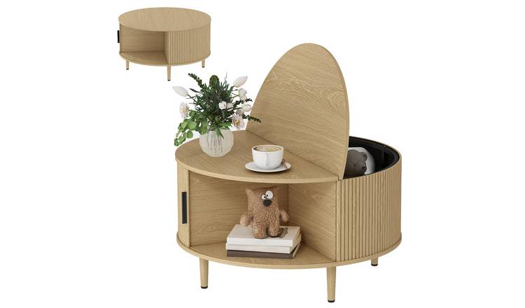 HOMCOM Fluted Round Coffee Table with Storage - Natural