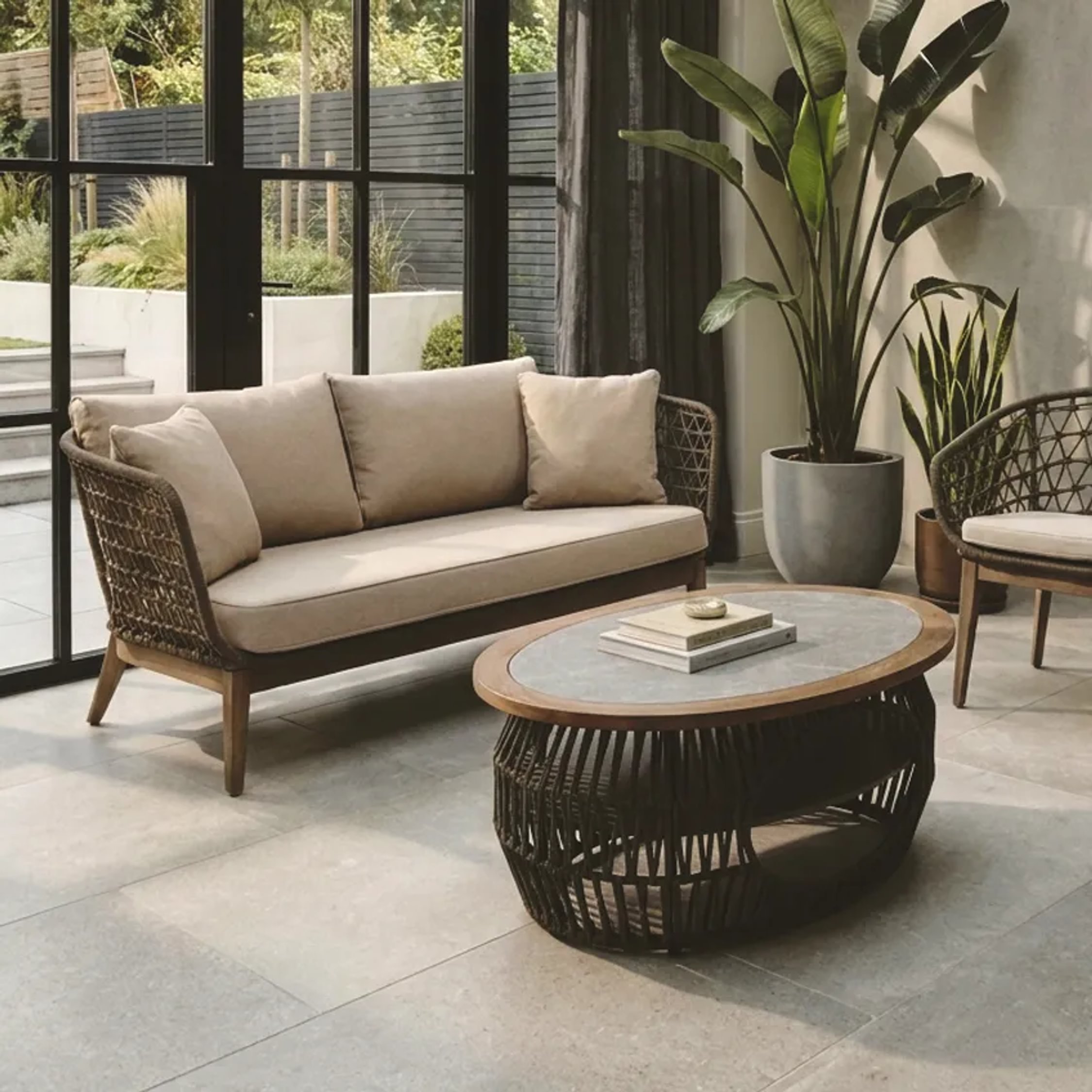 Orsina Marble Effect Round Coffee Table - Grey and Oak - Image 1