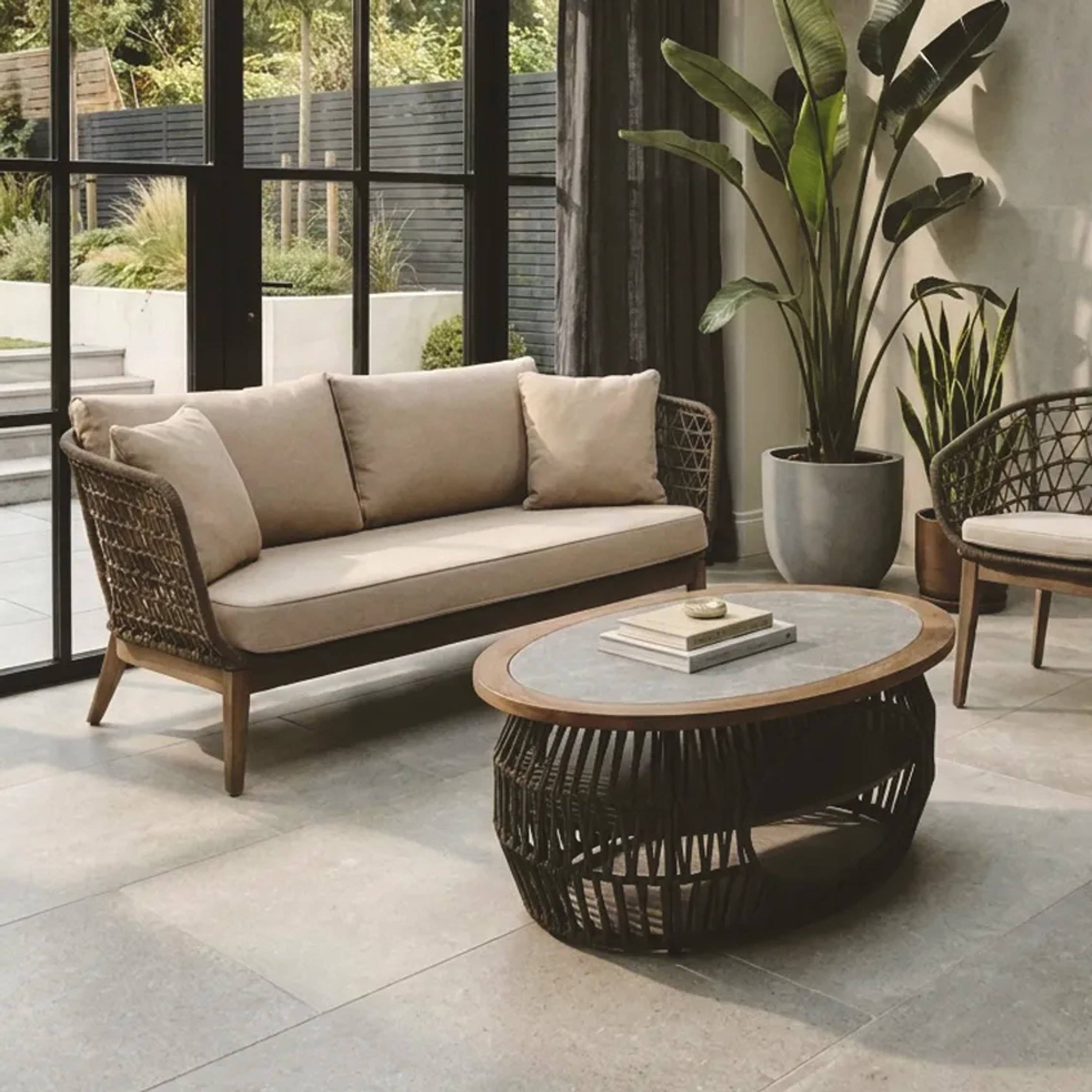 Orsina Marble Effect Round Coffee Table - Grey and Oak - Image 1