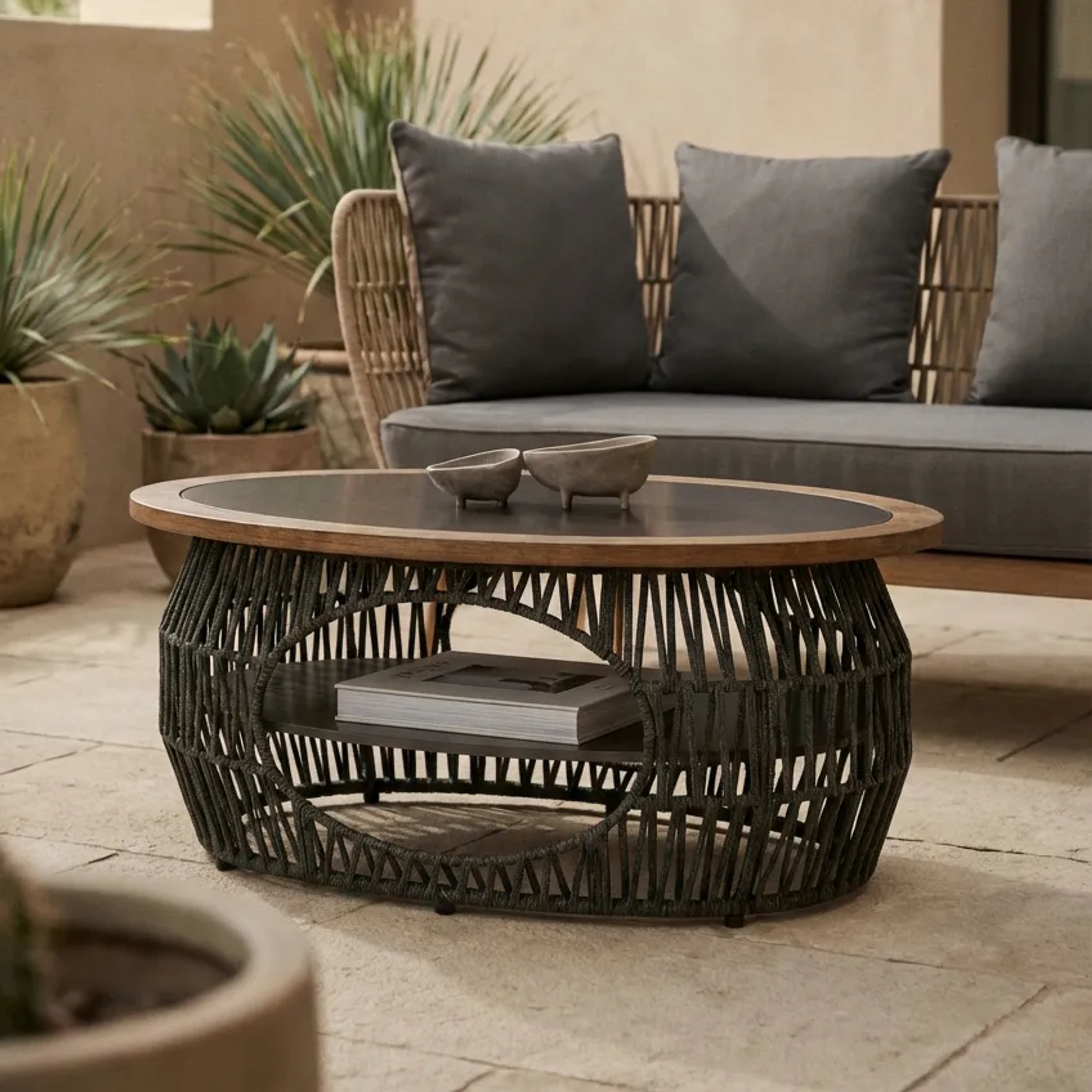 Orsina Marble Effect Round Coffee Table - Grey and Oak - Image 3