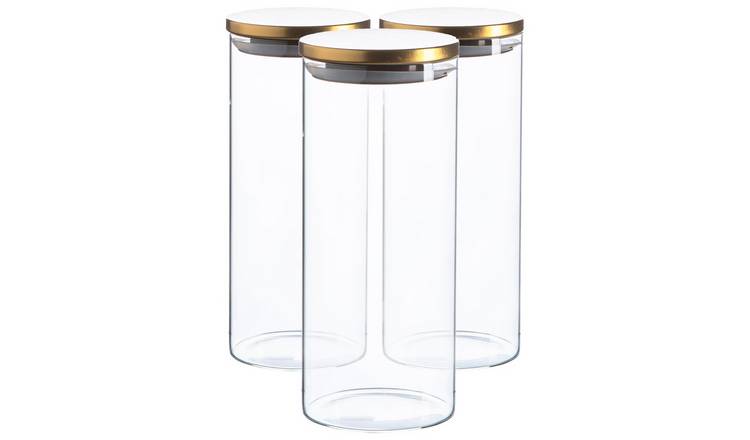 Argon Tableware Glass Storage Jars with Metal Lids - Gold - Set of 3