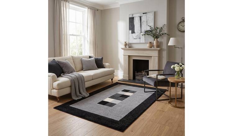 The Rugs Grey and Black Efes Bordered Rug Stain Resistant - 120 x 170cm
