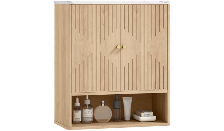 HOMCOM Modern Bathroom Wall Cabinet with Adjustable Shelf - Oak