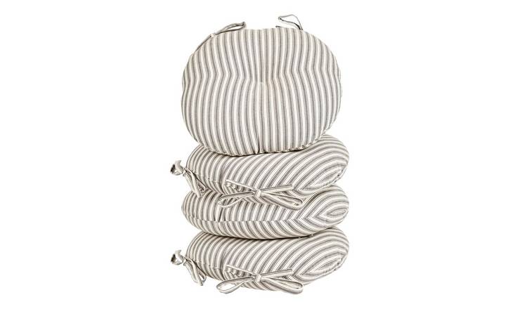 Dibor Set of 4 Striped Round Outdoor Garden Chair Cushion Seat Pads - Grey