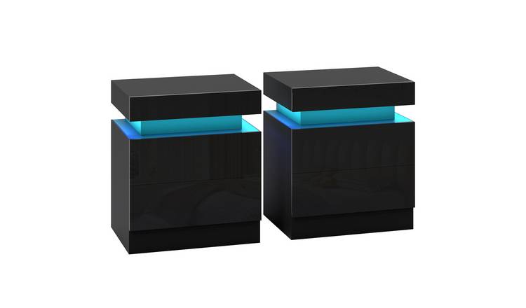 HOMCOM Set of 2 High Gloss Front Bedside Table with Light and 2 Drawers - Black