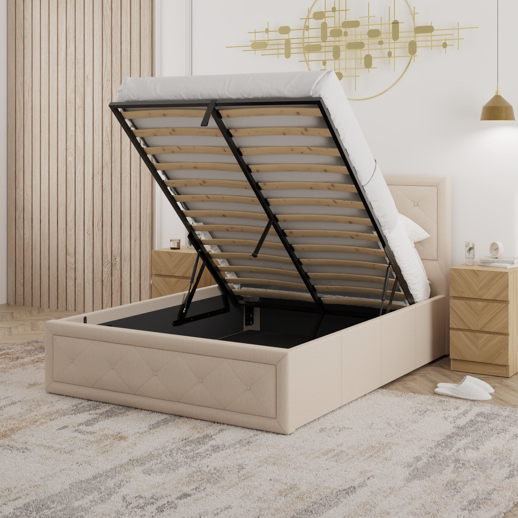 GFW Hollywood King Size Fabric End Lift Ottoman Bed - Natural - Image 2