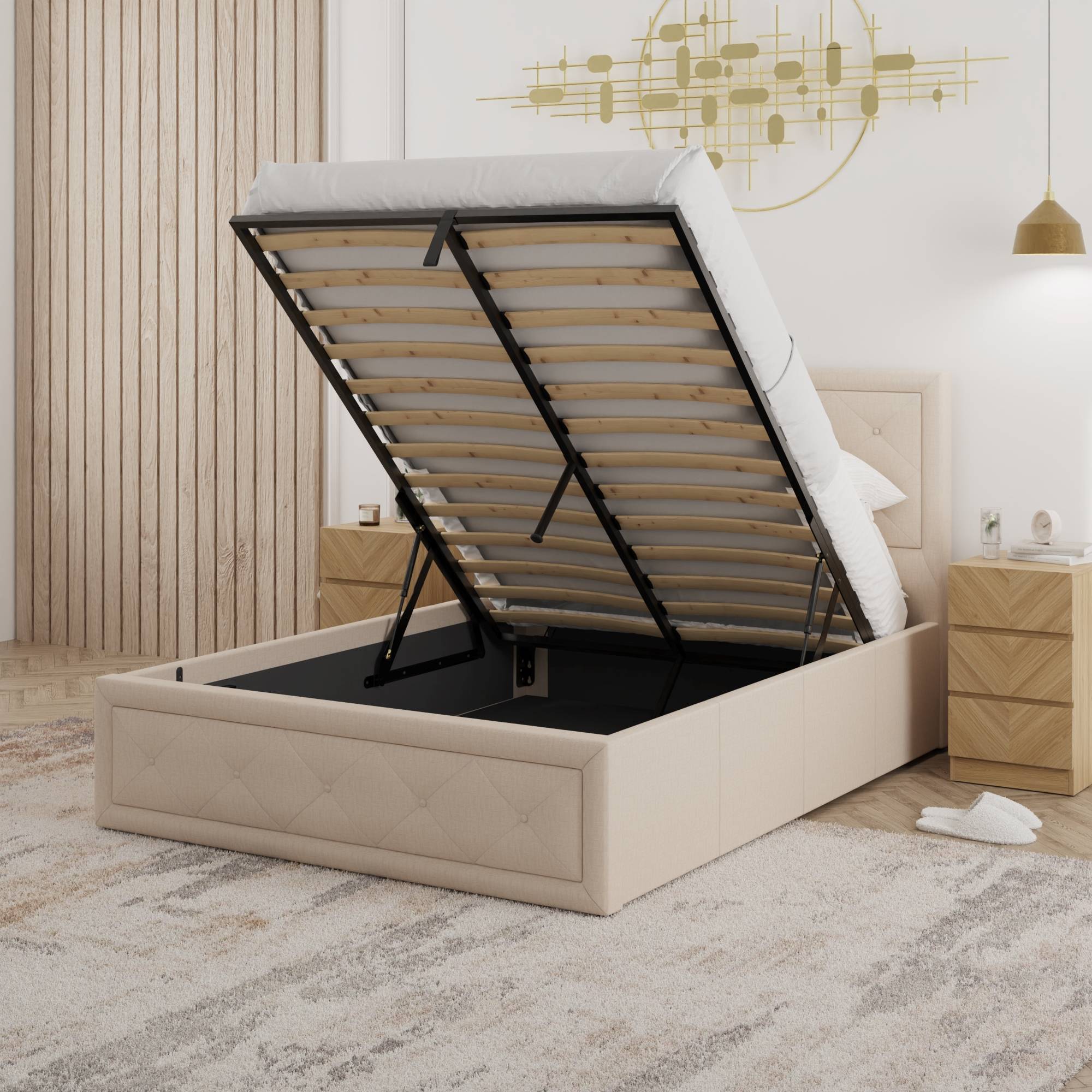 GFW Hollywood King Size Fabric End Lift Ottoman Bed - Natural - Image 2