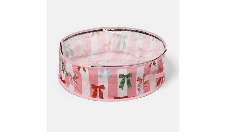 OHS Multi Bow Stripe Christmas Wreath Storage Bag - Pink/White