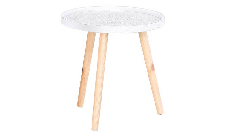 HOMCOM Round Floral Carved Coffee Table with Tray Top and Wood Legs - White