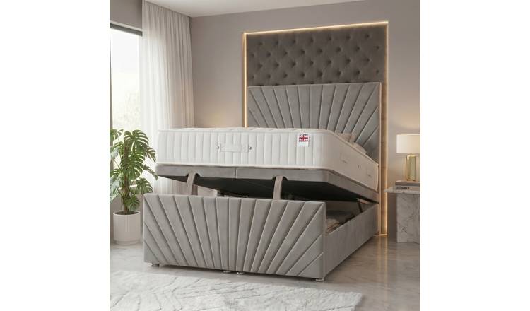 Somnior Velvet Small Double Ottoman Divan Bed with Memory Mattress - Silver