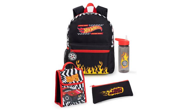 Hot Wheels Checkerboard Flame Kids Unisex 4 Piece Backpack Set - Black