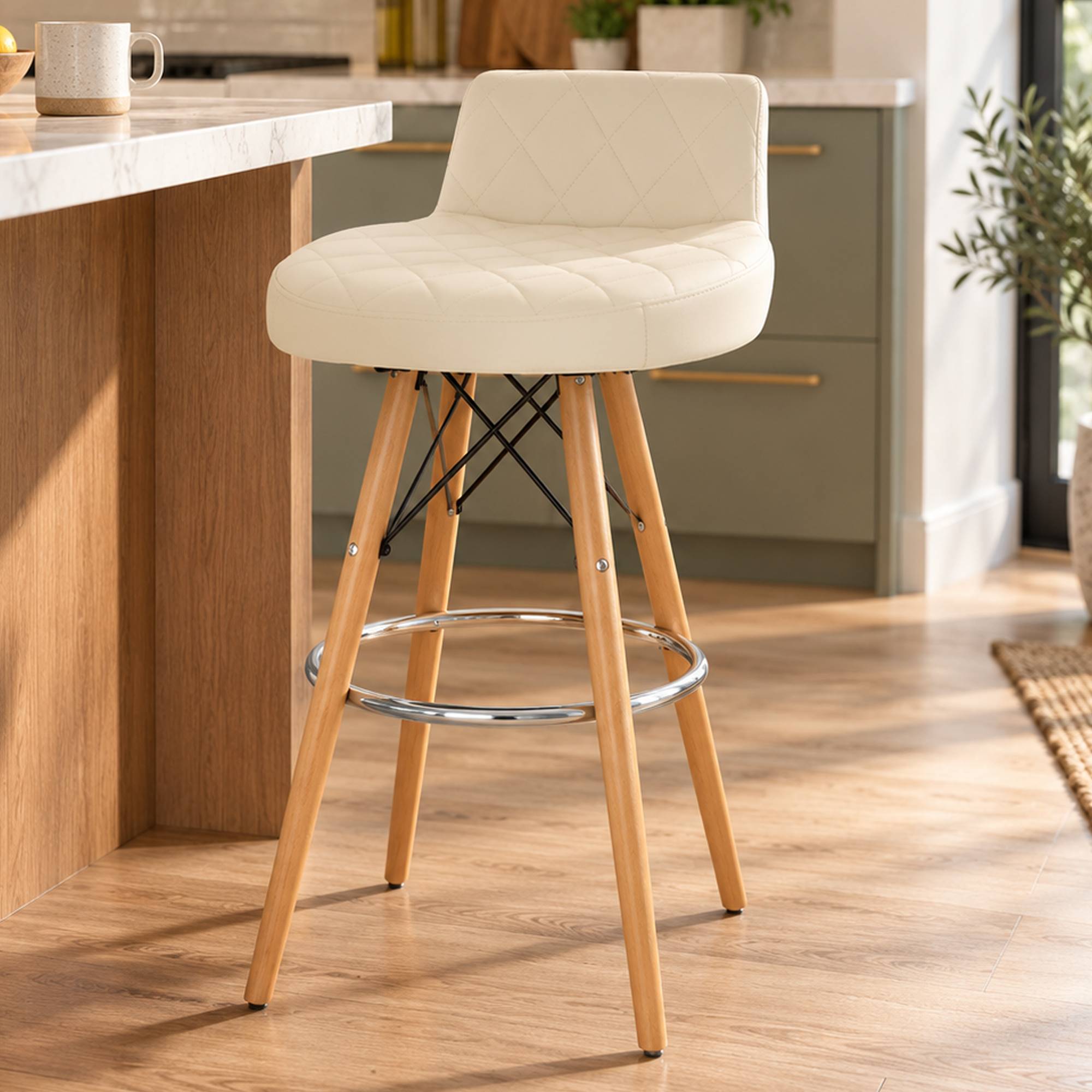 Orsina Stockholm Faux Leather Quilted Bar Stool – White and Natural - Image 2