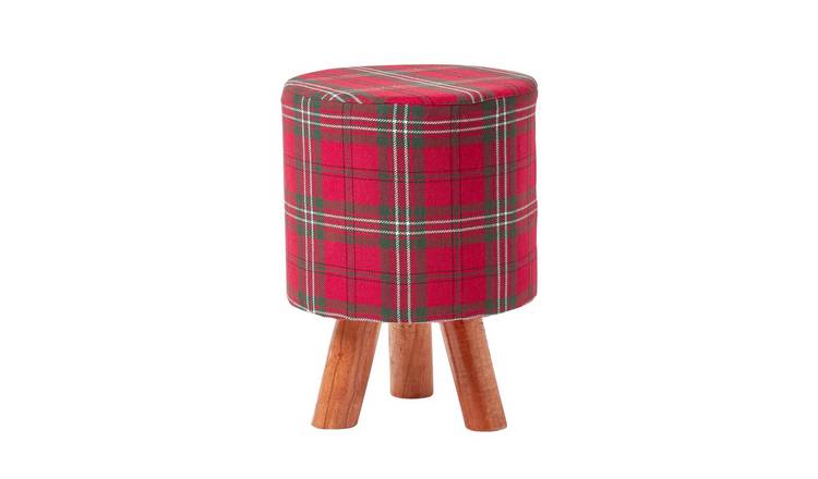 Homescapes Tartan Fabric Footstool with Wooden Legs – Red