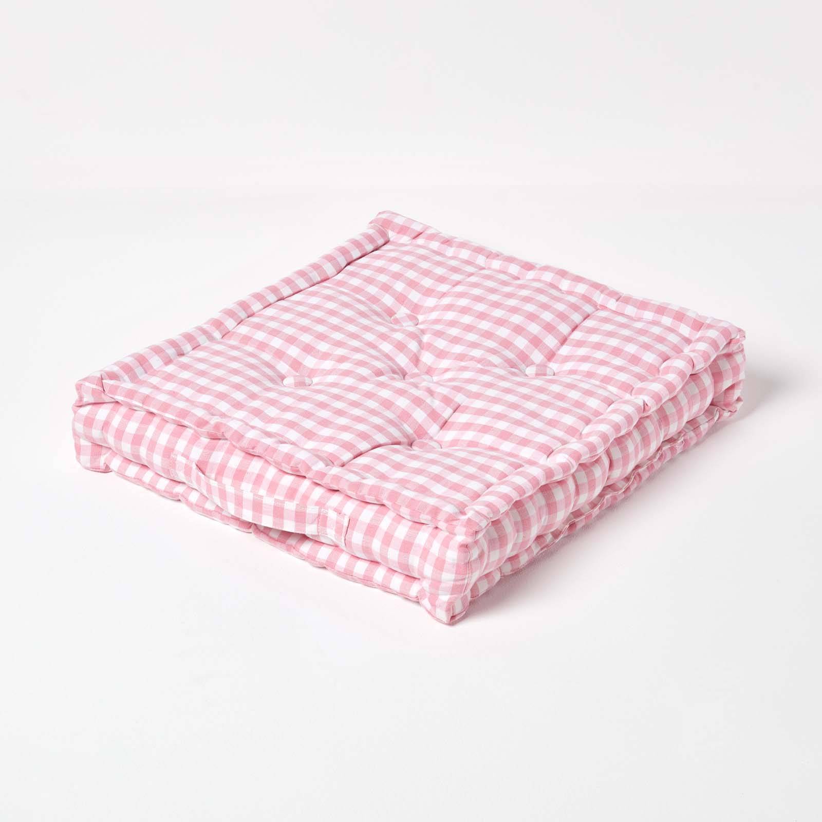 Homescapes Gingham Check Cotton Floor Cushion - 40 x 40 cm - Pink - Image 1