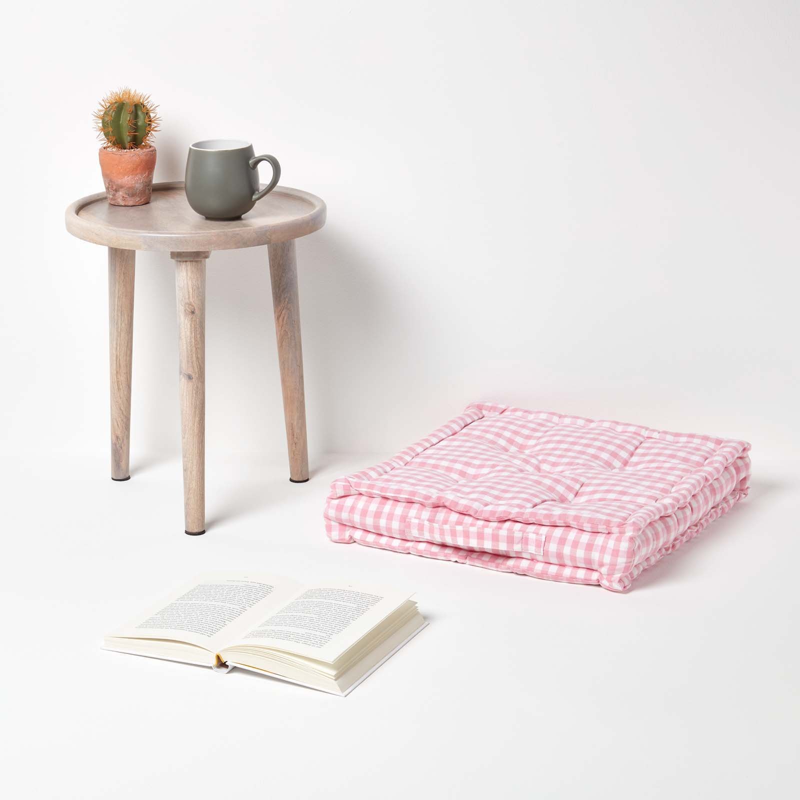 Homescapes Gingham Check Cotton Floor Cushion - 40 x 40 cm - Pink - Image 2