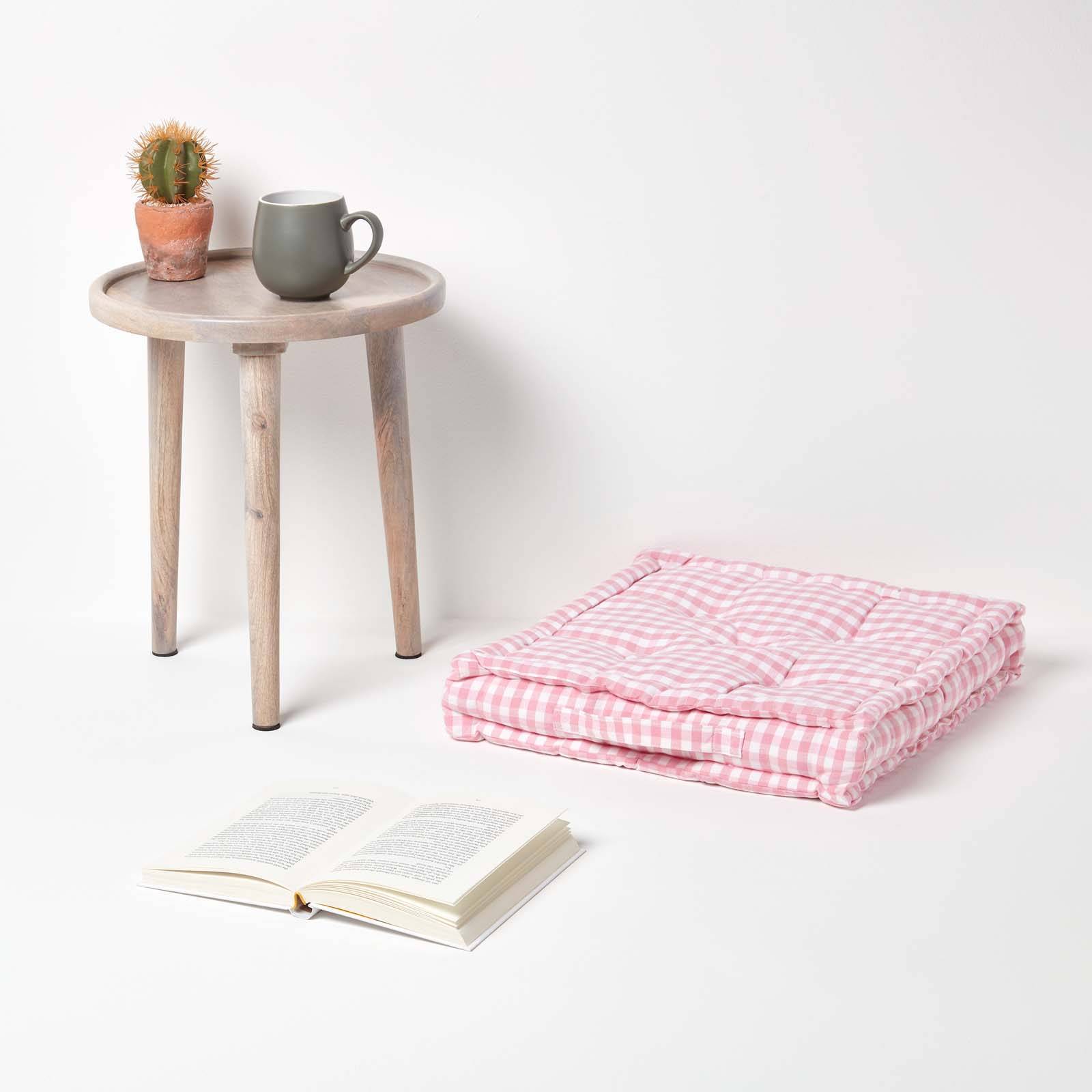 Homescapes Gingham Check Cotton Floor Cushion - 40 x 40 cm - Pink - Image 2