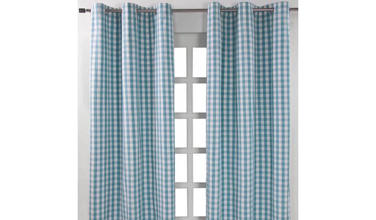 Homescapes Blue Cotton Block Check Gingham Eyelet Curtains - 137cm x 228cm